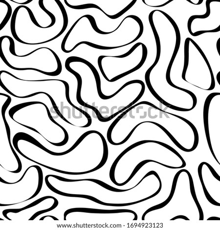 Seamless pattern of black abstract forms of ring ribbons drawn by a brush. Modern minimalistic texture. Vector spotted black and white background.