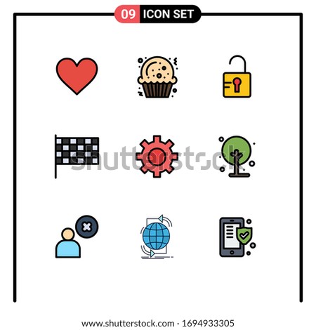 Pack of 9 Modern Filledline Flat Colors Signs and Symbols for Web Print Media such as user; gear; unlock; setting; mark Editable Vector Design Elements