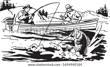 Two Men Bass Fishing - Landing The Big One