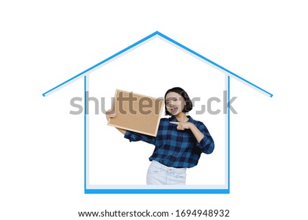 Happy young asian girl enjoy time at home hold sign with white background.Stay home Concept.