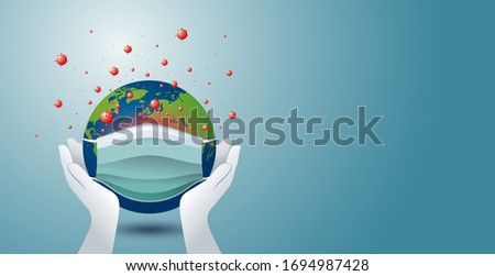 Covid-19 Coronavirus disease design of hands to protect the world with mask vector 3d illustration