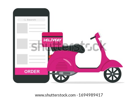 delivery food online concept.pink scooter on mobile application
