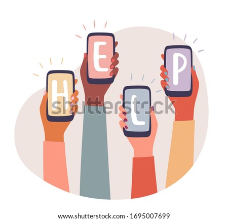 Call for help. Female in distress in problematic situation expressing through social media. Social solidarity and voluntary aid service. Online emergency assistance, rescue solution. flat vector Royalty-Free Stock Photo #1695007699