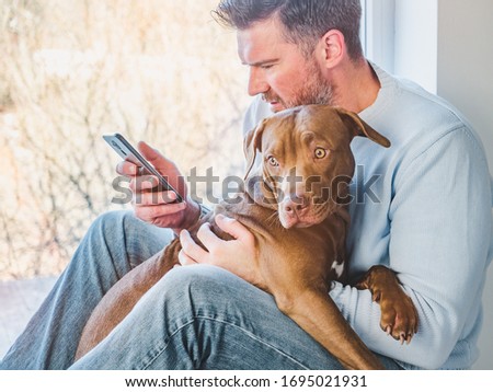 Handsome man and a charming puppy. Close-up, indoors. Studio photo, white color. Concept of care, education, obedience training and raising pets