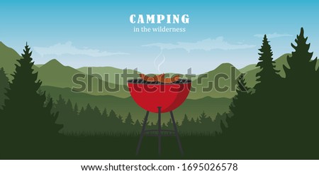 camping adventure in the wilderness with kettle grill bbq illustration