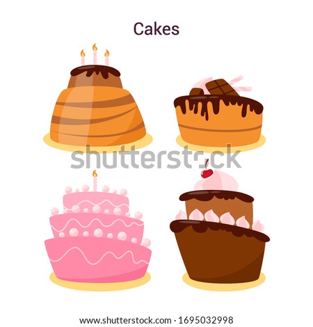 Colorful cakes set. Different pastry for holidays. Sweet delicious cream and berries. Dessert for birthday celebration. Isolated vector illustration in cartoon style