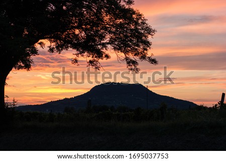 silhouette of Badacsony and a tree at sunset