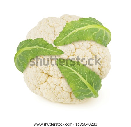 Fresh whole cauliflower with leaves isolated on a white background.
