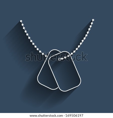 Raster copy. Contour white dog tags with chain in flat design on dark blue.