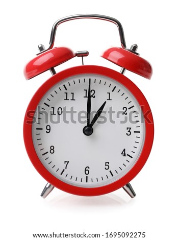 Red alarm clock set at one isolated over white background close-up with clipping path