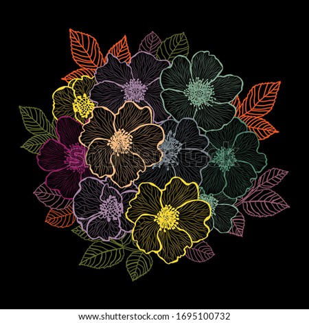 Decorative abstract dogrose flowers, design elements. Can be used for cards, invitations, banners, posters, print design. Floral background in line art style