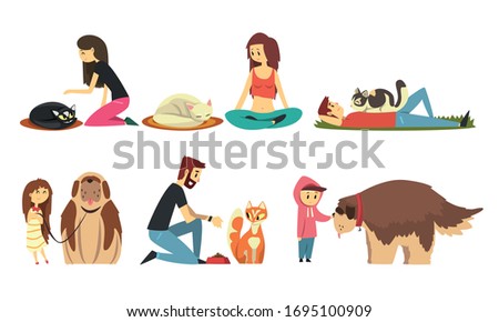 Owners and Cute Pet Animals Set, People Walking, Feeding, Caring and Stroking Their Cats and Dogs Cartoon Vector Illustration