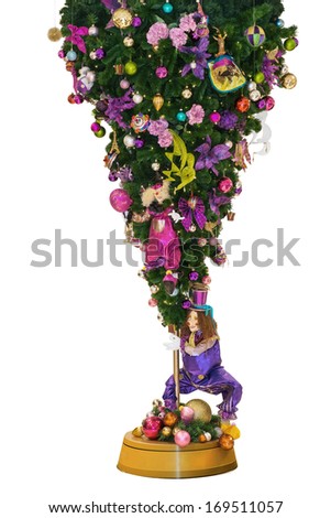 isolate picture of Christmas pole with toys and leaves 