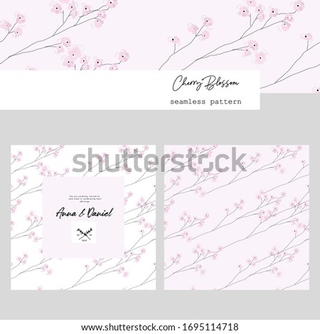 Cute delicate hand drawn Cherry Blossom Floral Seamless Pattern  and delicate wedding invitation card template