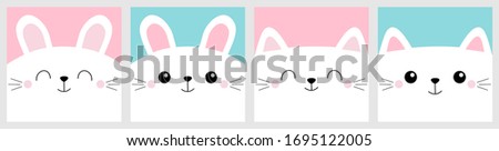 Pet baby print for notebook cover, greeting card. White cat rabbit bunny head face square icon set line. Cute cartoon kawaii funny character. Valentines Day. Flat design. Blue pink background