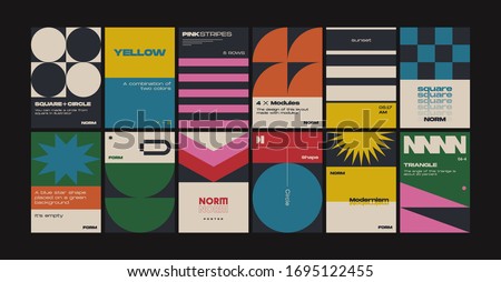 New modernism aesthetics in vector poster design cards. Brutalism inspired graphics in web template layouts made with abstract geometric shapes, useful for poster art, website headers, digital prints. Royalty-Free Stock Photo #1695122455