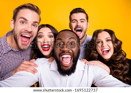Closeup photo of gorgeous ladies guys five members company students graduation party best friends buddies make take selfies positive emotions expression isolated yellow color background
