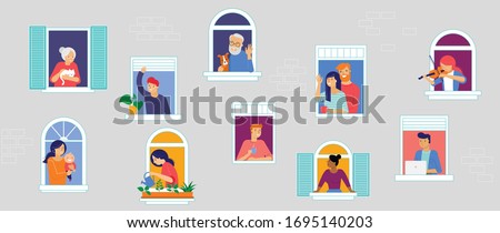 Stay at home, concept design. Different types of people, family, neighbors in their own houses. Self isolation, quarantine during the coronavirus outbreak. Vector flat style illustration stock Royalty-Free Stock Photo #1695140203