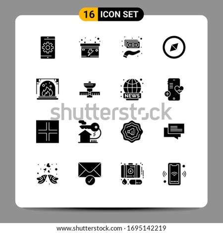 Solid Glyph Pack of 16 Universal Symbols of space; interior; cash; fireplace; compass Editable Vector Design Elements