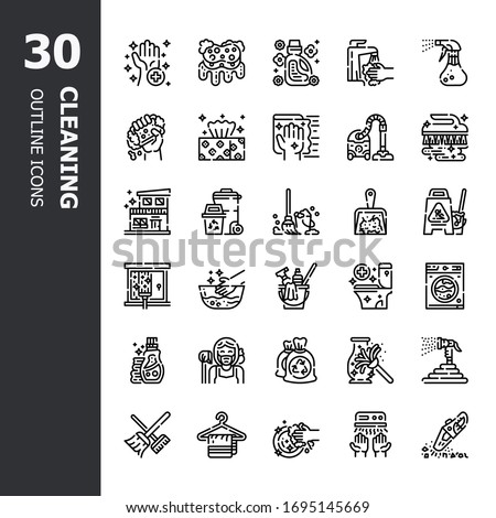 Cleaning, Laundry, Sponge and Vacuum cleaner, Washing machine, Housekeeping service and Maid equipment symbols 30 Outline icons set.Icon design for web design, application,website and graphic design. 