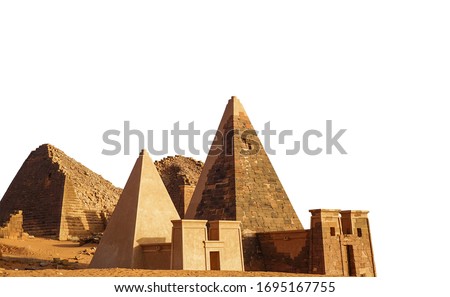 Pyramids of the Kushite at Meroe (Sudan) isolated on white background Royalty-Free Stock Photo #1695167755