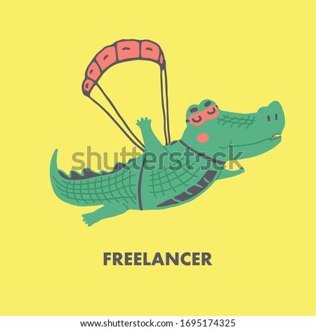 Vector flat illustration of green crocodile in cute freehand style. Freelancer alligator flying by parachute isolated on yellow background. Сharacter of wild friendly animal who fly in the sky. 
    