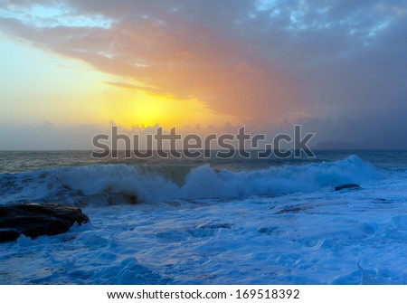 Sunset and sea waves 