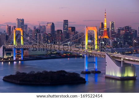 Tokyo city and rainbow bridge at twilight