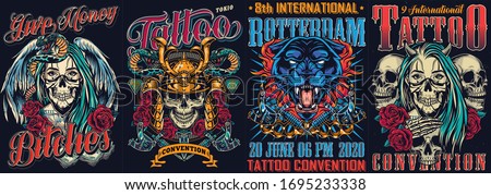 Vintage tattoo fests colorful posters with tattoo machines snake skull in samurai helmet angry black panther head girls in scary masks with angel wings and devil horns vector illustration