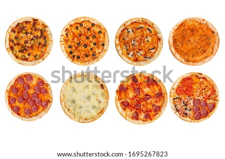 Set of different variaty of pizzas, italian cuisine on the white background, top view, isolated