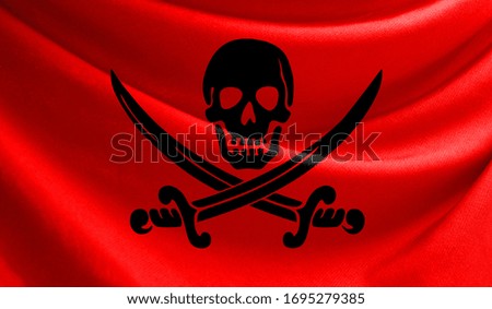 Realistic flag of Pirates red on the wavy surface of fabric