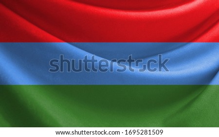 Realistic flag of Karelia on the wavy surface of fabric