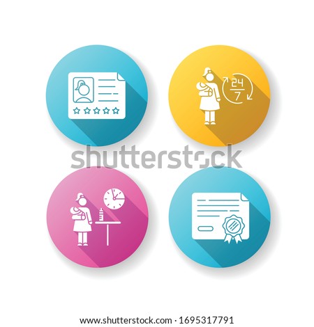 Babysitter service flat design long shadow glyph icons set. Professional reference for female employee. Full time babysitting. Part time child care. Silhouette RGB color illustration