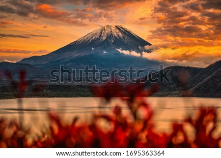 Landscape image of Mt. Fuji over Lake Motosu with autumn foliage at sunset in Yamanashi, Japan. Royalty-Free Stock Photo #1695363364