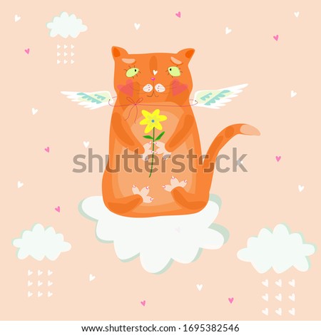 Cute red cat on a cloud with wings. Vector graphic.