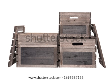 Rustic Wooden Crates Wooden Boxes Wood Stacked With Lids Black Board Sign Label End. Individual Pen Tool Created Clipping Work Paths for Easy Compositing Included in JPEG Isolated on White Background