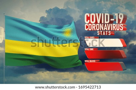 COVID-19 Coronavirus 2019-nCov Statistics Update - table letter typography copy space concept with flag of Rwanda. 3D illustration.