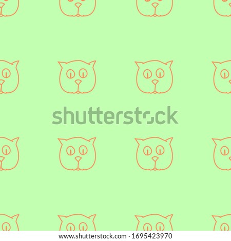 Orange contours of a funny cat's face on light-green background: seamless pattern, vector graphics.