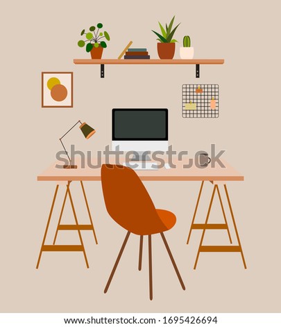 Working at home concept. Cozy and modern interior with computer, desk office, lamp, plants. Freelance workplace. Vector illustration 