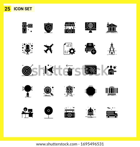 Pictogram Set of 25 Simple Solid Glyphs of bank; big think; ticket office; world; computer Editable Vector Design Elements