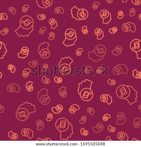 Brown line Musical note in human head icon isolated seamless pattern on red background.  Vector Illustration