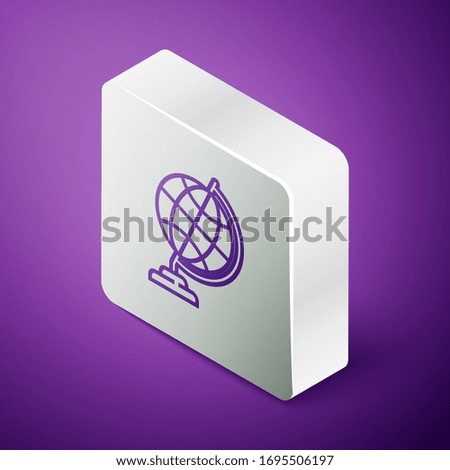 Isometric line Earth globe icon isolated on purple background. Silver square button. Vector Illustration