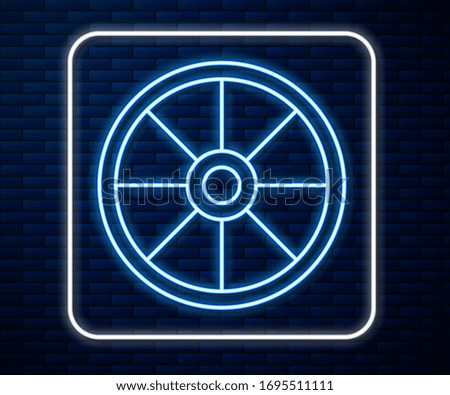 Glowing neon line Old wooden wheel icon isolated on brick wall background.  Vector Illustration