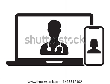Telemedicine or telehealth virtual visit / video visit between doctor and patient on laptop computer and mobile phone device flat vector icon for healthcare apps and websites