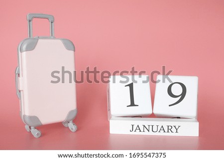 January 19th calendar month. Day 19 of month. On pink background with suitcase.