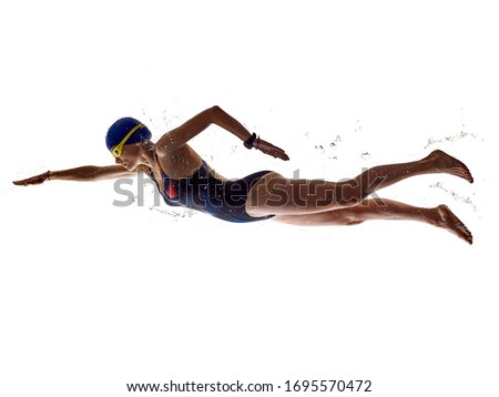 one caucasian woman sport swimmer swimming silhouette isolated on white background Royalty-Free Stock Photo #1695570472
