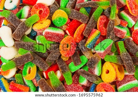 Assorted gummy candies. Top view. Jelly  sweets background. 
