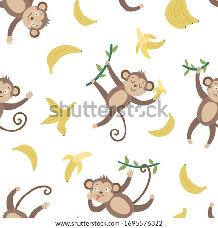 Vector seamless pattern with cute monkeys and bananas. Funny tropical animals and fruit digital paper. Bright flat background for children. Jungle summer texture