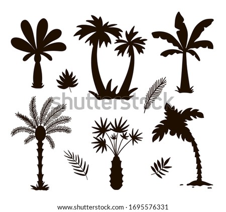 Vector tropical palm trees silhouettes. Jungle foliage black illustration. Hand drawn black exotic plants isolated on white background. Summer trees stamp design