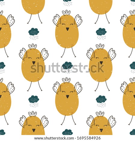 Chicks and clouds hand drawn seamless vector fill. Cute childish drawing. Baby wrapping paper, textile, vector illustration